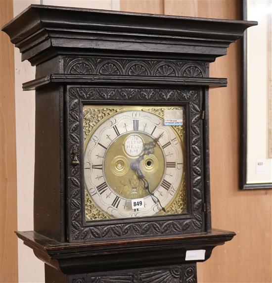 M. Weatherhead, Kirkby Lonsdale. A carved oak Westmorland longcase clock W.55cm